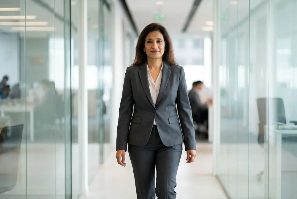 Confident professional stepping forward - take the next big step in your career